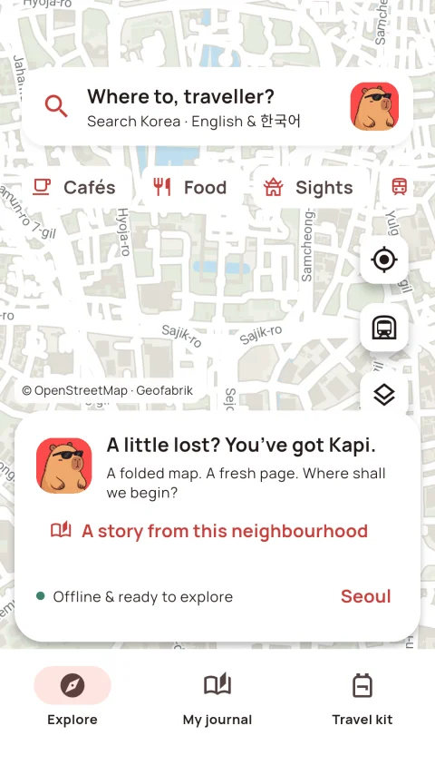 Kapibara Maps showing its offline Seoul map and bilingual place search