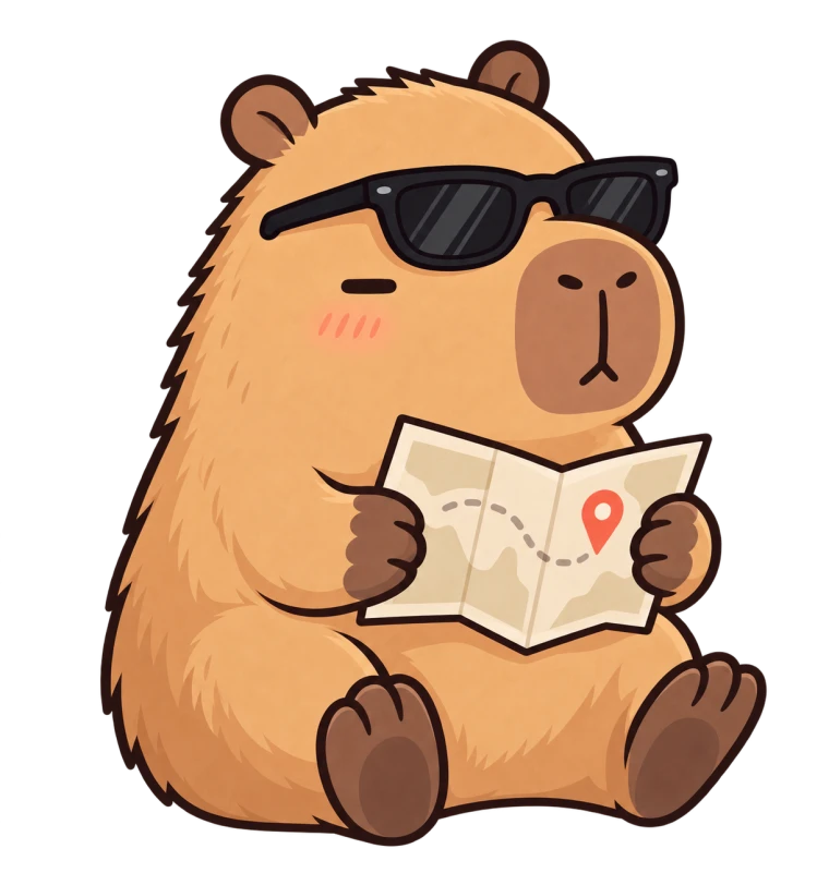 Kapi, a laid-back capybara with sunglasses and a folded map