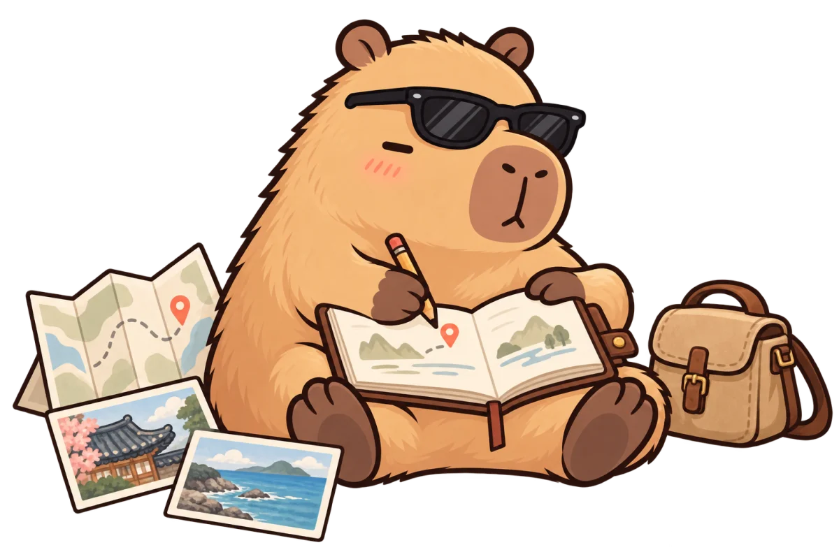 Kapi in sunglasses drawing in his travel journal, with a folded map and postcards beside him